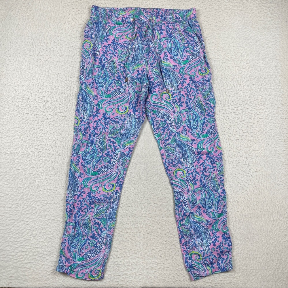 Lilly Pulitzer Pants Womens L Taron Linen Pull On Lilac Rose We Mermaid It Print